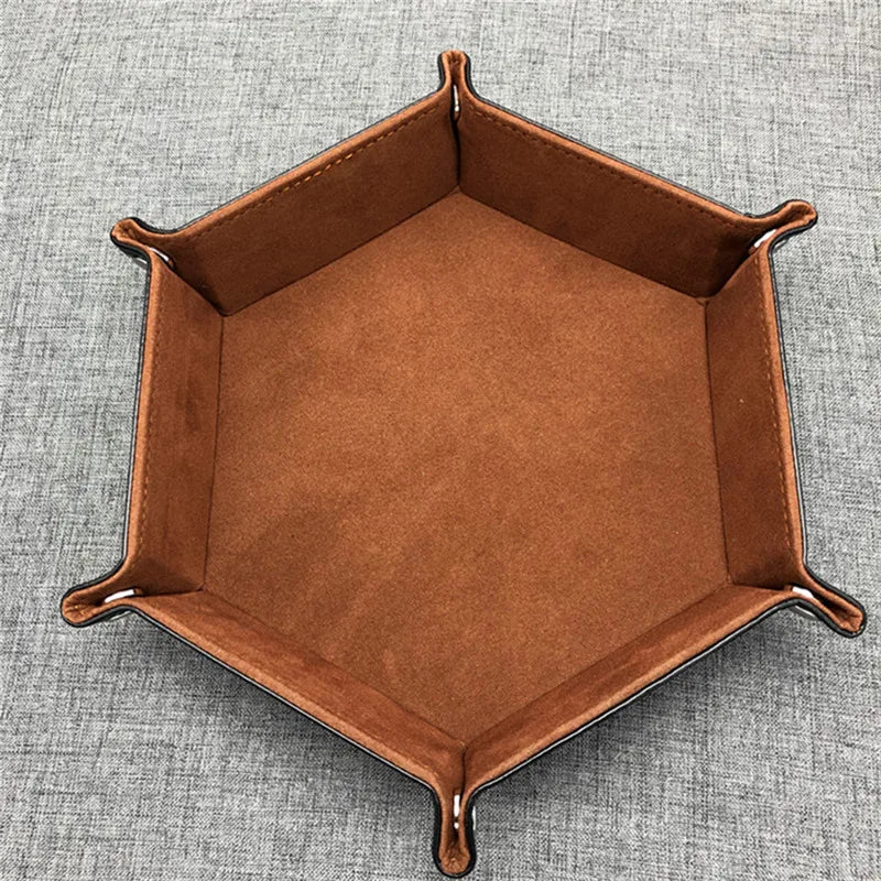 Bandeja Plegable Hexagonal para Dados – Cuero PU y Terciopelo, Doble Cara