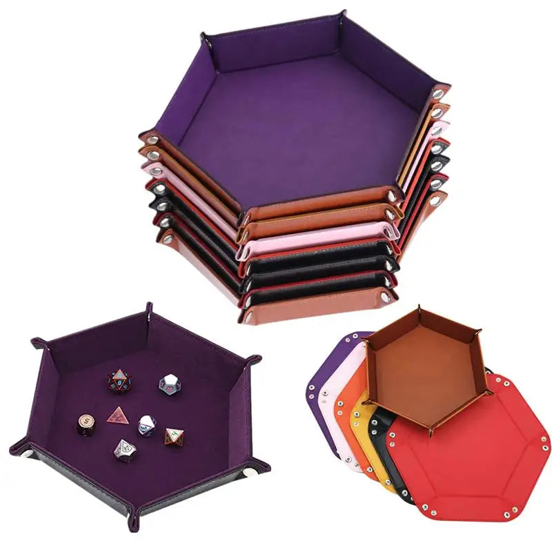 Bandeja Plegable Hexagonal para Dados – Cuero PU y Terciopelo, Doble Cara
