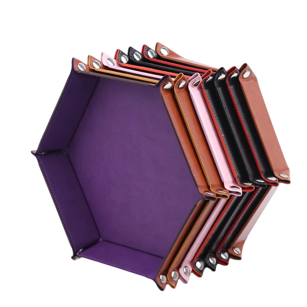 Bandeja Plegable Hexagonal para Dados – Cuero PU y Terciopelo, Doble Cara