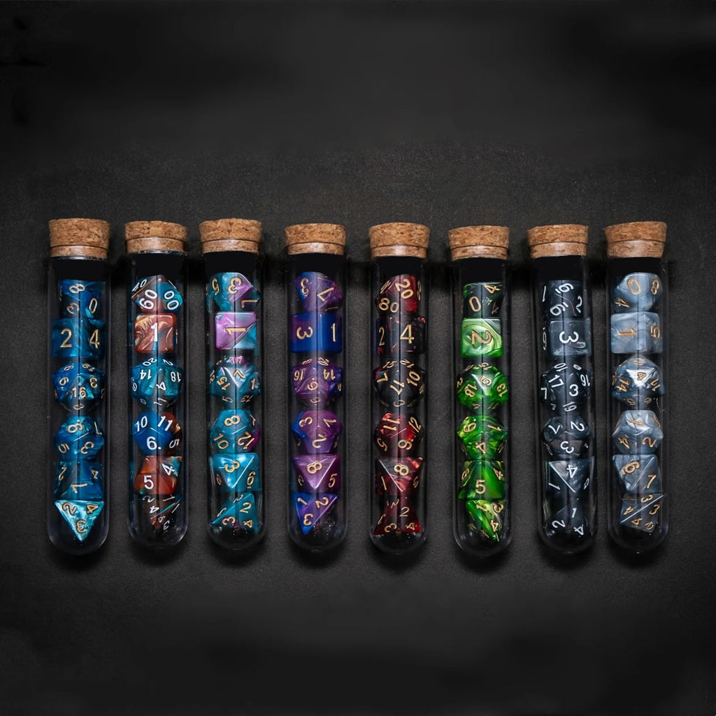 Set de Dados de Rol con Frasco tipo Poción de Fantasía (7 Piezas)