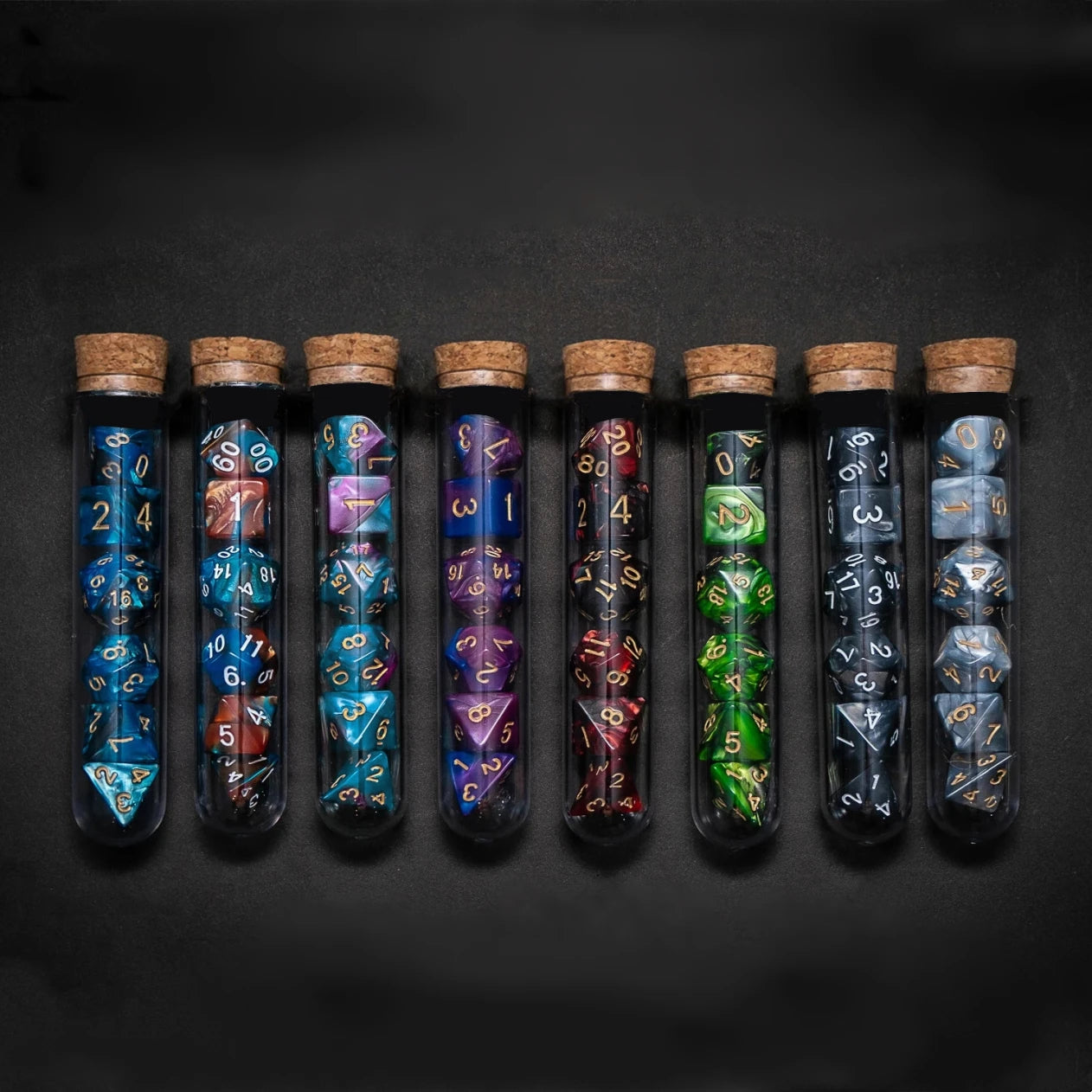 Set de Dados de Rol con Frasco tipo Poción de Fantasía (7 Piezas)