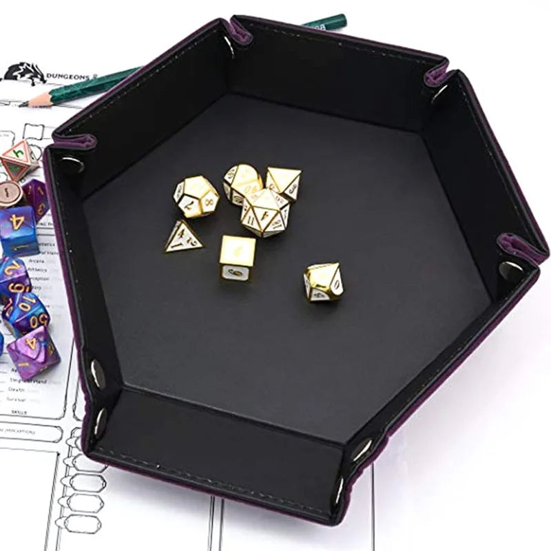 Bandeja Plegable Hexagonal para Dados – Cuero PU y Terciopelo, Doble Cara